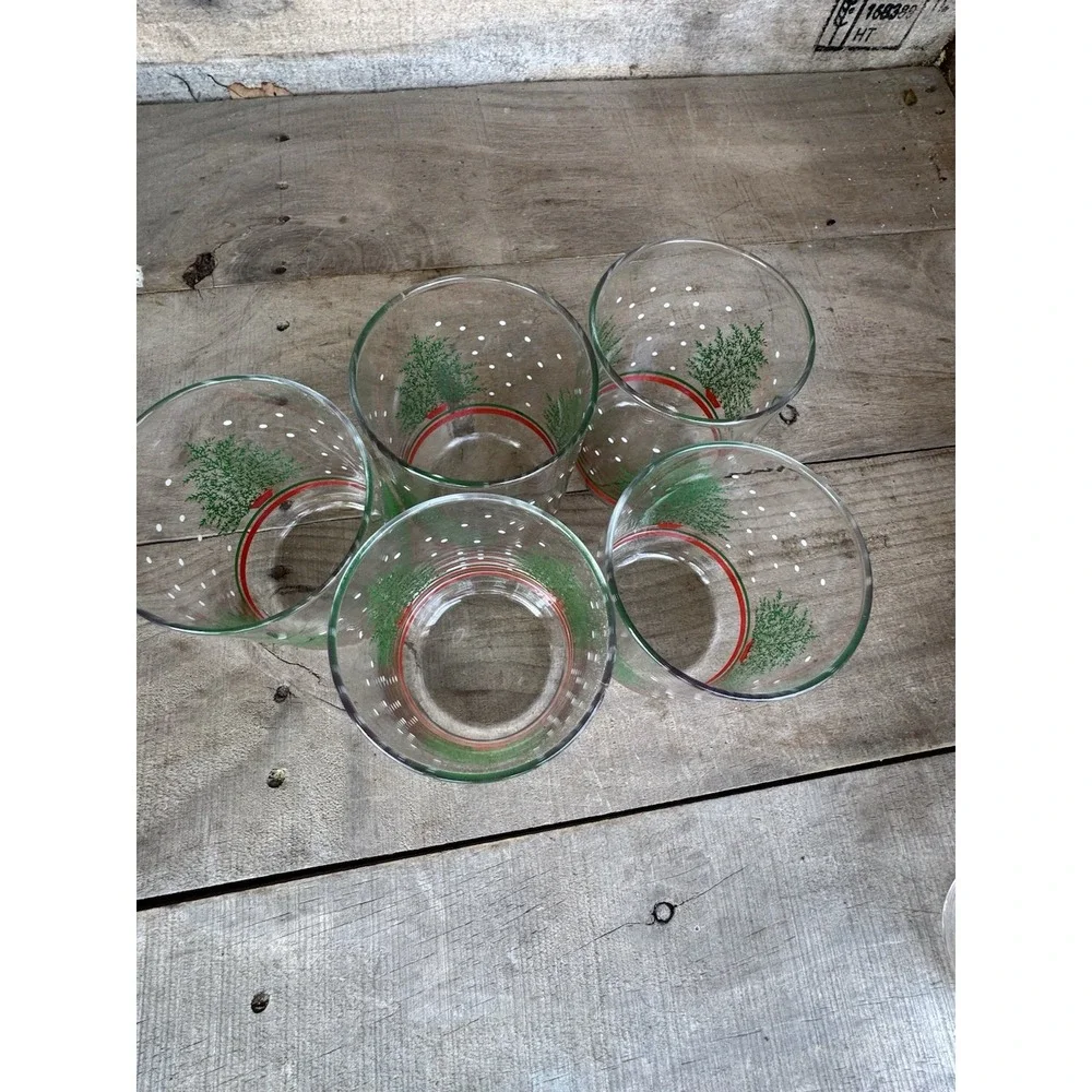 5 Vintage Libbey Christmas tree snow‎ dots double old fashioned glass tumblers